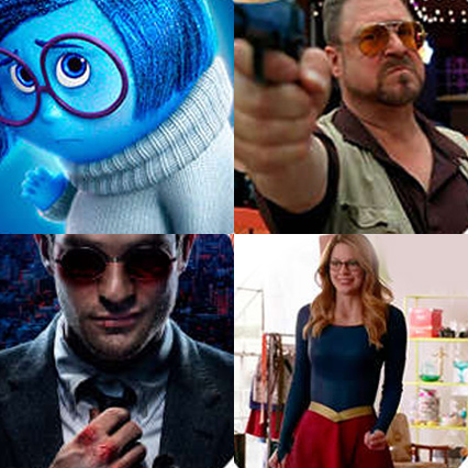 Top left: Blue animated character with glasses and blue hair. Top right: Man aiming a gun. Bottom left: Man wearing red-tinted glasses and suit. Bottom right: Woman in a superhero costume with a red skirt and blue top.