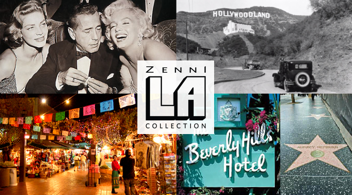 Zenni LA Collection banner with vintage Hollywood and Beverly Hills images in the background.