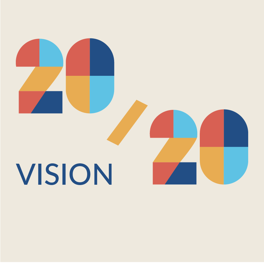 20/20 VISION in colorful, geometric block numbers and letters.