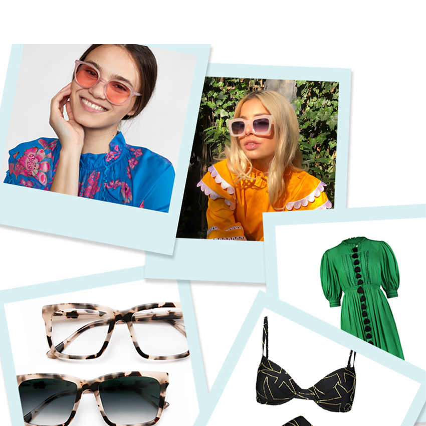 Two pairs of sunglasses, three dresses, and a bikini top, modeled in various settings.