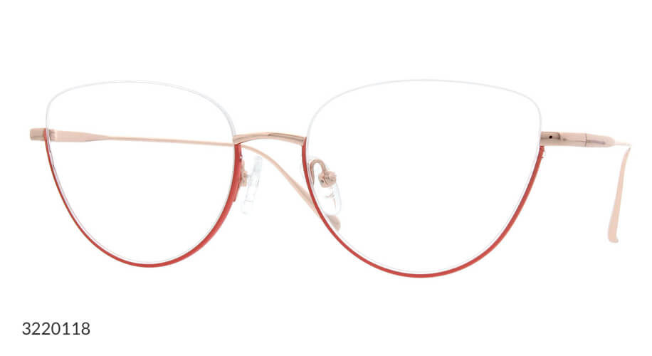 Wireframe glasses with rose gold and red accents, model number 3220118.