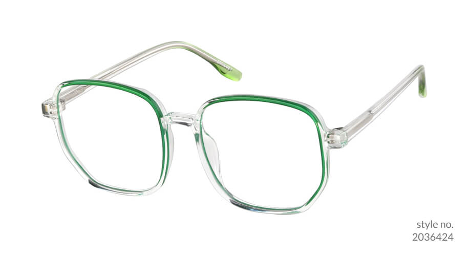 Clear eyeglasses with green accents and transparent frame. Style no. 2036424.