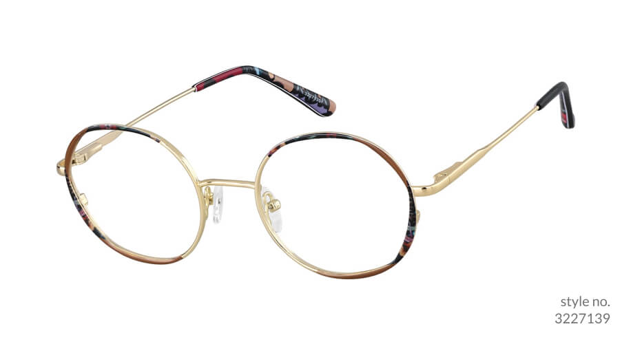 Gold round eyeglasses with tortoiseshell accents, style no. 3227139.