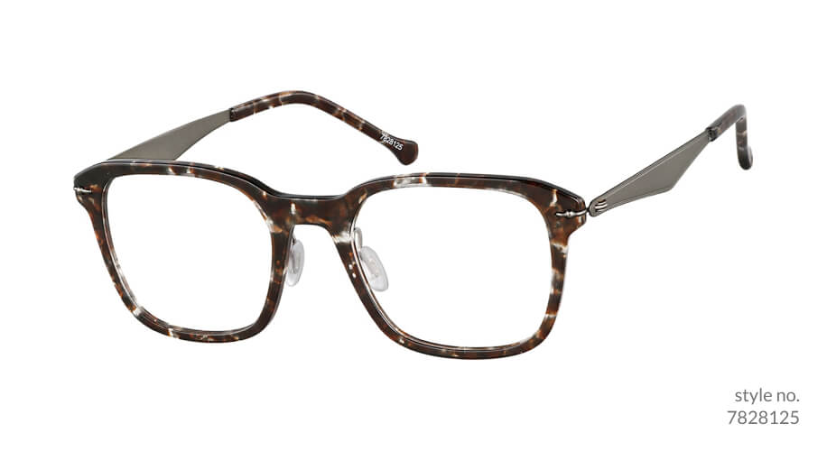 Tortoiseshell rectangular eyeglasses with metal temples. Text: style no. 7828125