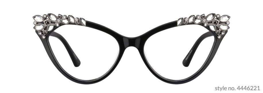 Black cat-eye eyeglasses with jeweled details on the top corners. Style no. 4446221.