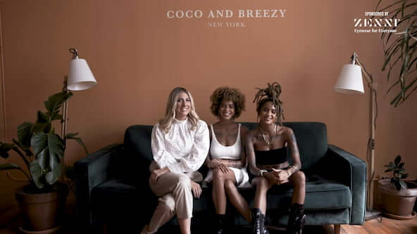 "Coco and Breezy New York, sponsored by Zenni Eyewear for Everyone" above three women seated on a couch.