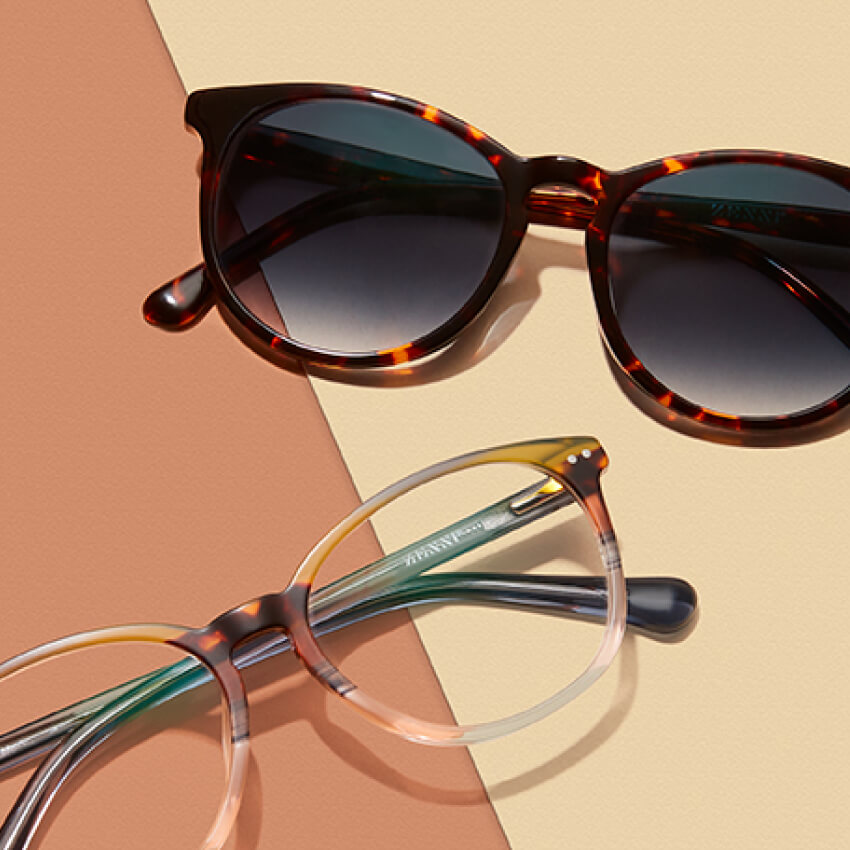 Tortoiseshell sunglasses with dark lenses and gradient brown eyeglasses with clear lenses.