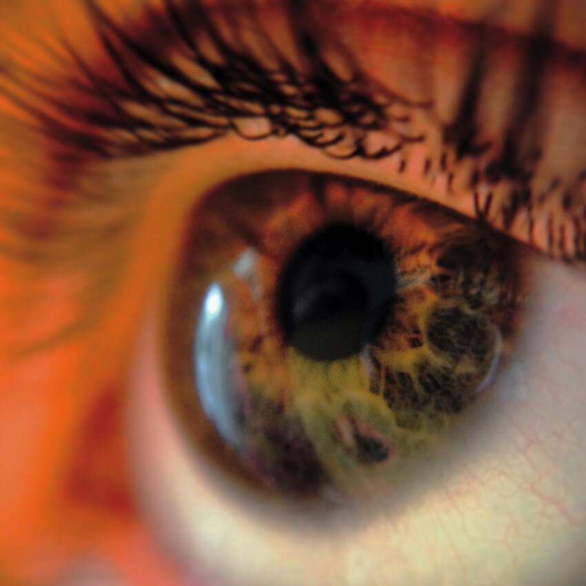 Close-up of a human eye, showcasing detailed brown and green iris patterns and eyelashes.