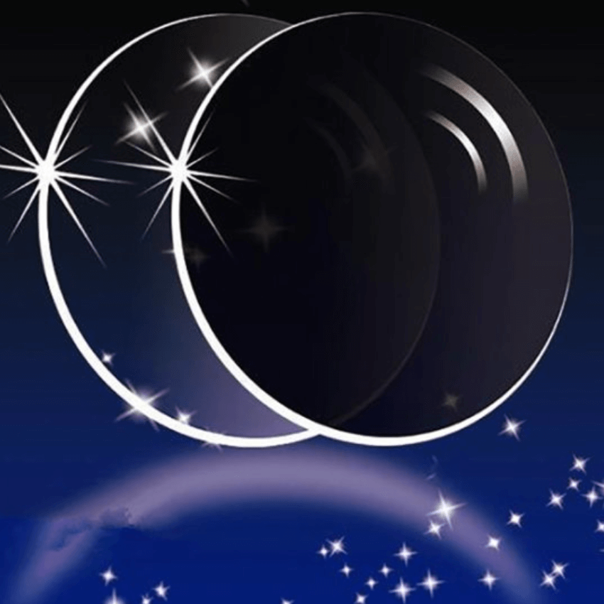 Two overlapping, shiny black circles with white sparkles and a dark blue gradient background.