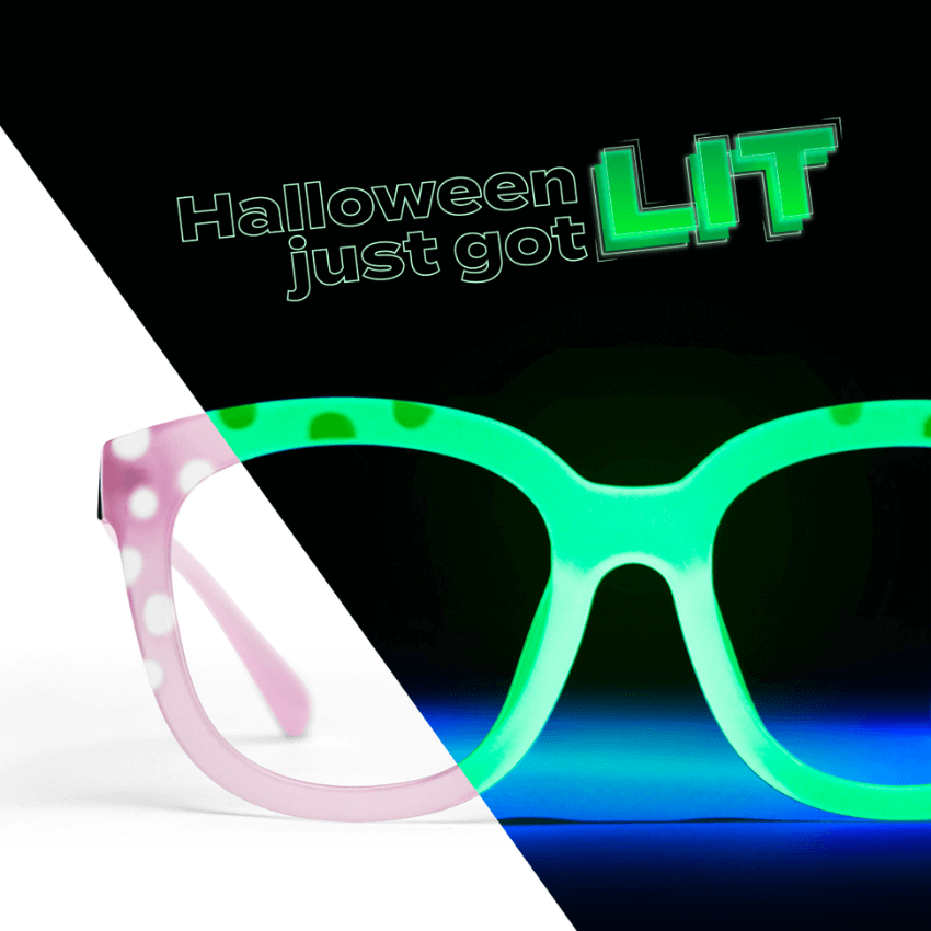 Pink glasses with white dots transform into neon green glowing frames. "Halloween just got LIT".