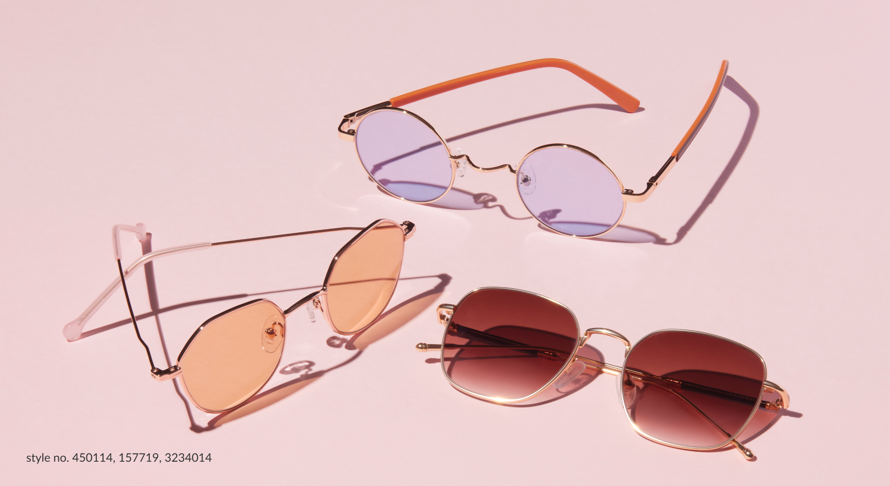 Three pairs of sunglasses with colored lenses; text reads "style no. 450114, 157719, 3234014".