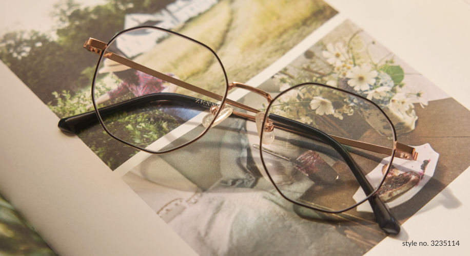 Hexagon-shaped, thin metal frame glasses with black earpieces. Text: style no. 3235114.