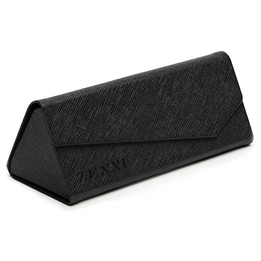 Black textured triangular eyeglasses case with a snap closure.