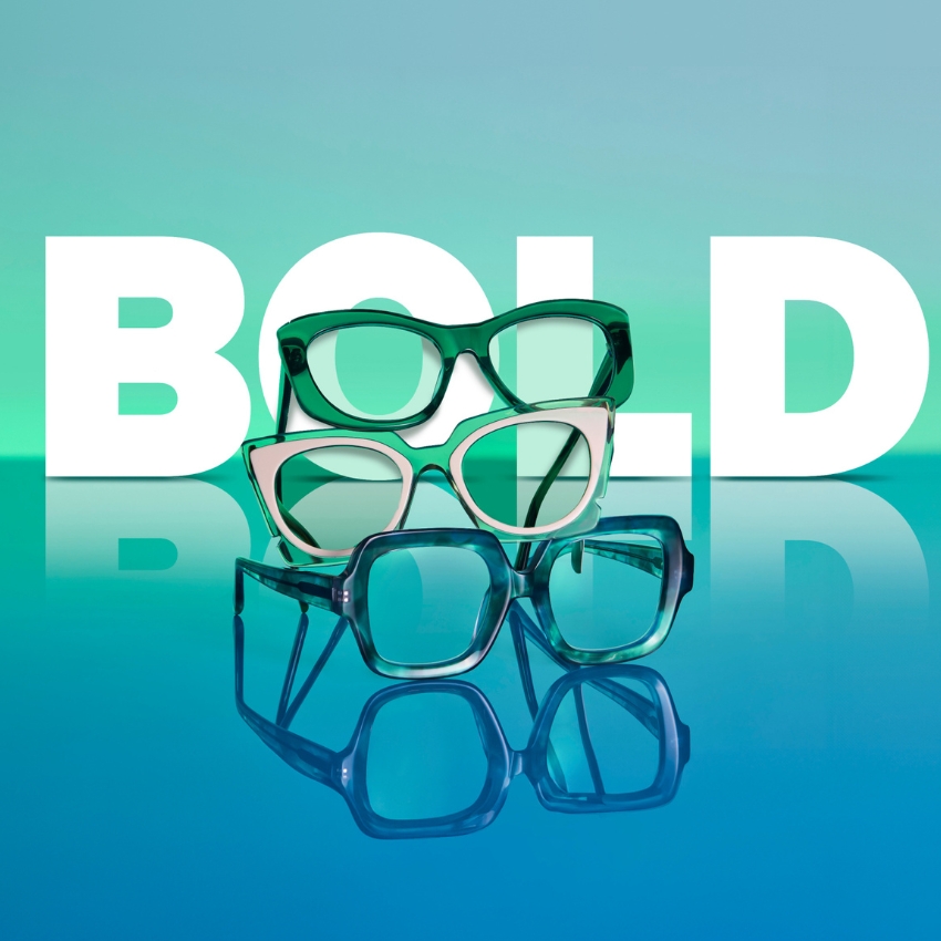 Bold text with three pairs of eyeglasses, each in shades of green and one with a white front.