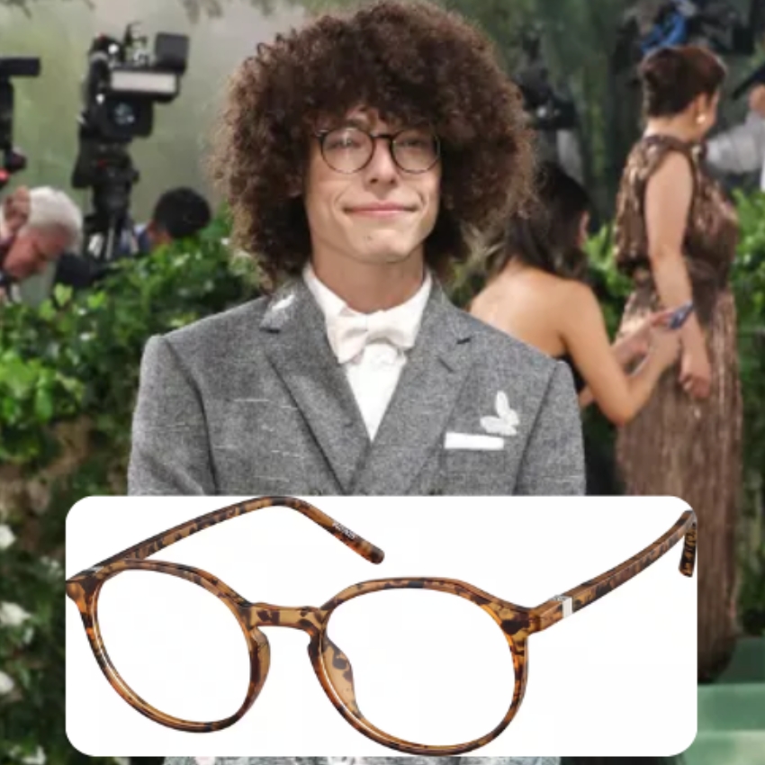 Round tortoiseshell eyeglasses.