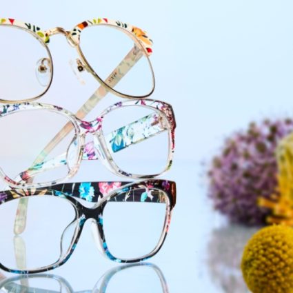 Three floral-patterned eyewear frames, style no. 2018723, 1912029, 2018716.